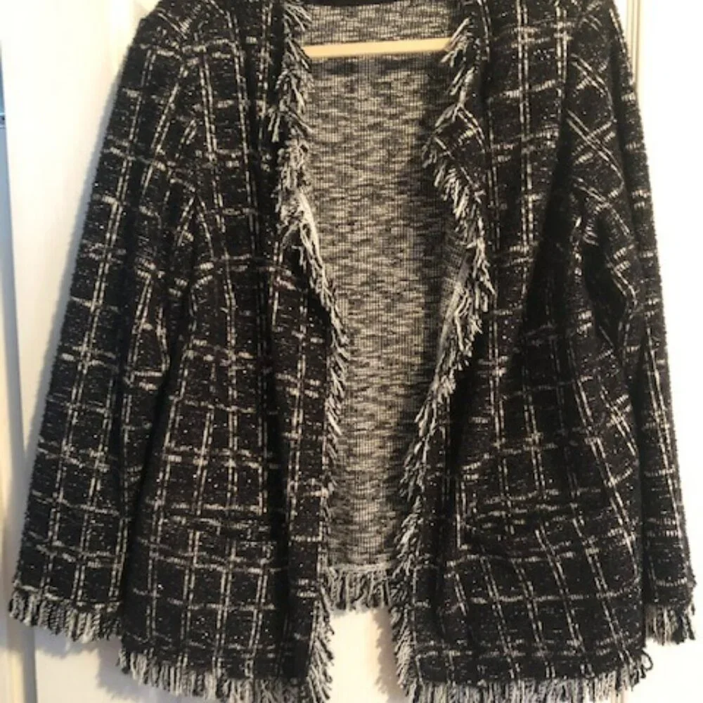 Plaid Boucle Jacket with Fringe Open Front Black Silver Sparkle Joan Rivers 1x - Picture 1 of 3